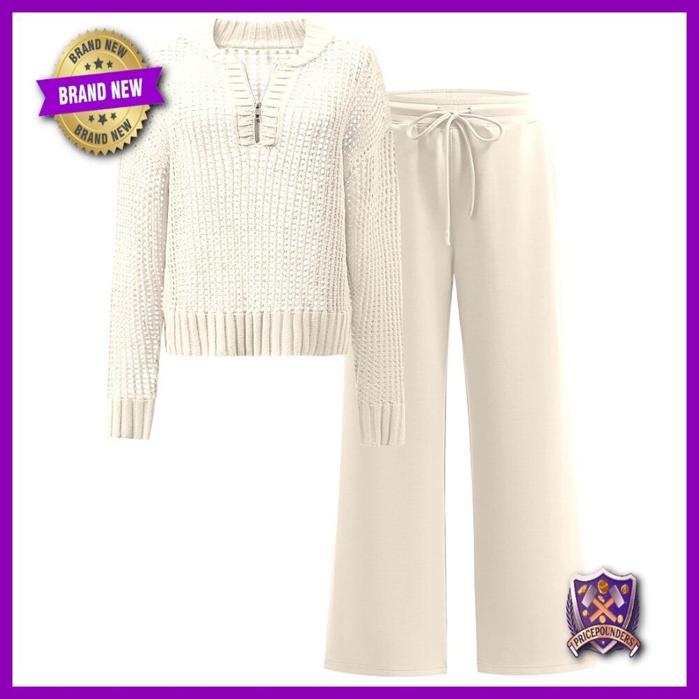 Crochet Knit Half Zip Sweater Top Wide Leg Pant Matching Set Lounge Travel